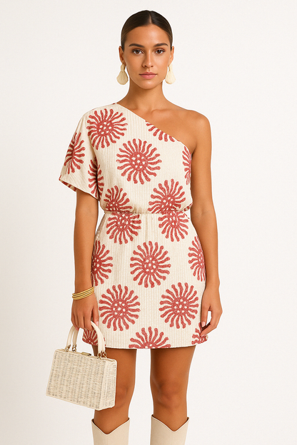 Women's Mini Dress – One Shoulder – Relaxed Fit – Light Cotton Blend – Patterned Design
