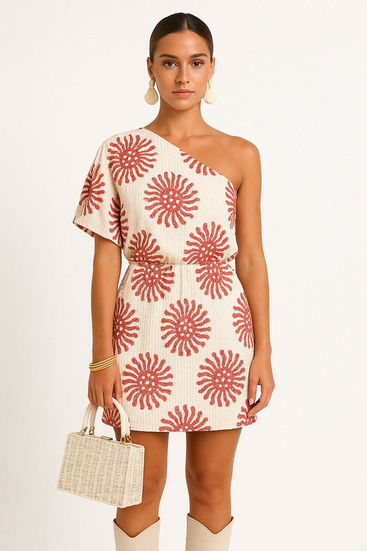 Women's Mini Dress – One Shoulder – Relaxed Fit – Light Cotton Blend – Patterned Design