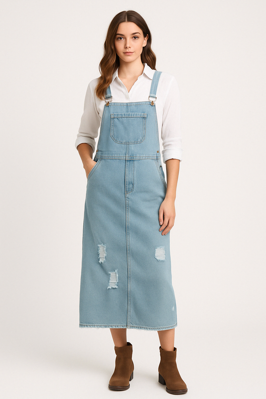 Women's Denim Dress – Relaxed Fit – Midi Length – Adjustable Straps – Distressed Style