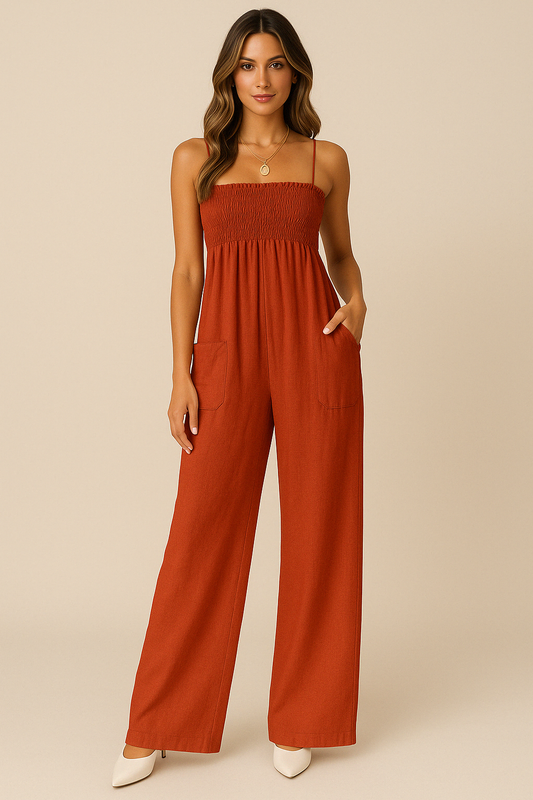 Women's jumpsuit – relaxed fit – ruched bodice – pockets – full length – breathable fabric