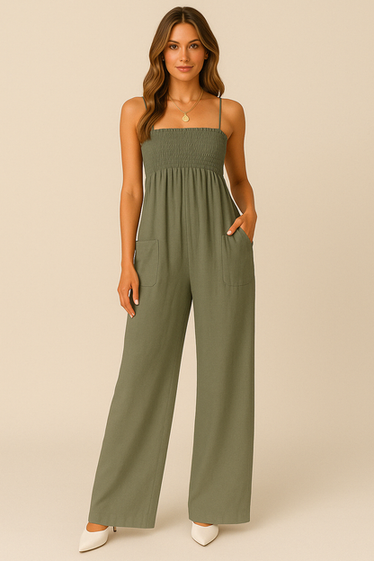 Women's jumpsuit – relaxed fit – ruched bodice – pockets – full length – breathable fabric