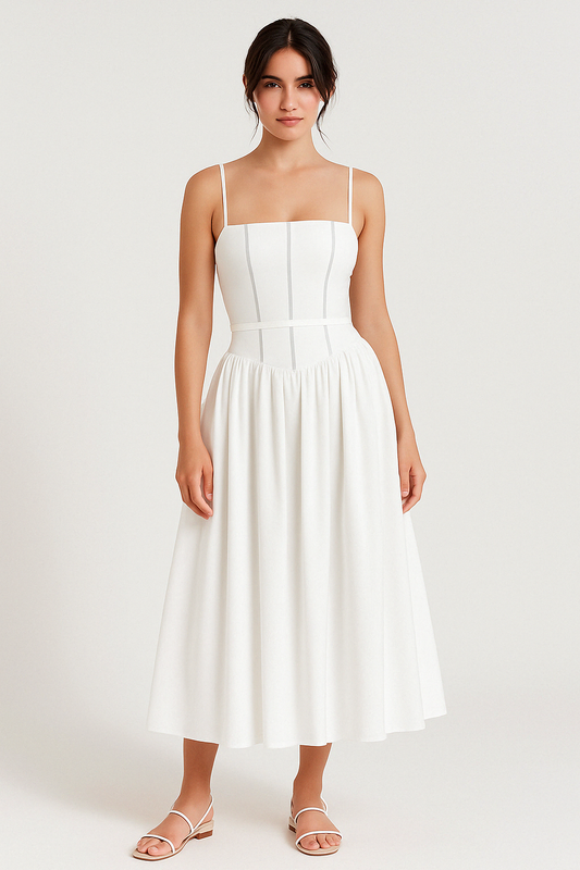 Dress woman midi – Slim fit – Square neckline – Spaghetti straps – Flared skirt