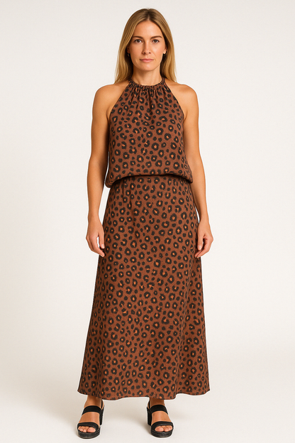 Women's Two-Piece Set – Halterneck Top and Long A-line Skirt – Light and Breathable