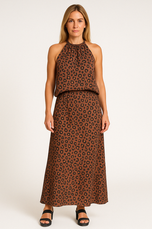 Women's Two-Piece Set – Halterneck Top and Long A-line Skirt – Light and Breathable