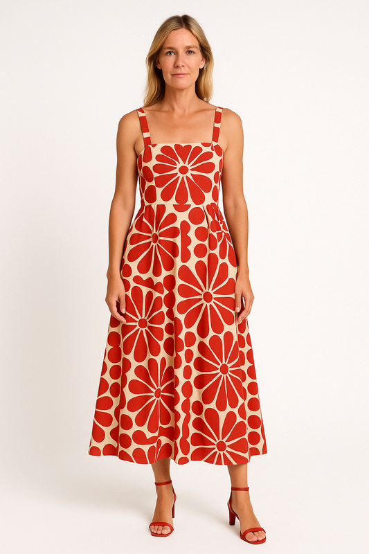 Dress woman – A-line midi – Spaghetti straps – Light cotton blend – Figure-hugging fit