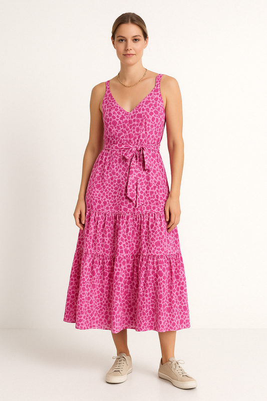 Dress woman – Sleeveless V-neck – Relaxed fit – Midi dress with ruffles and tie belt