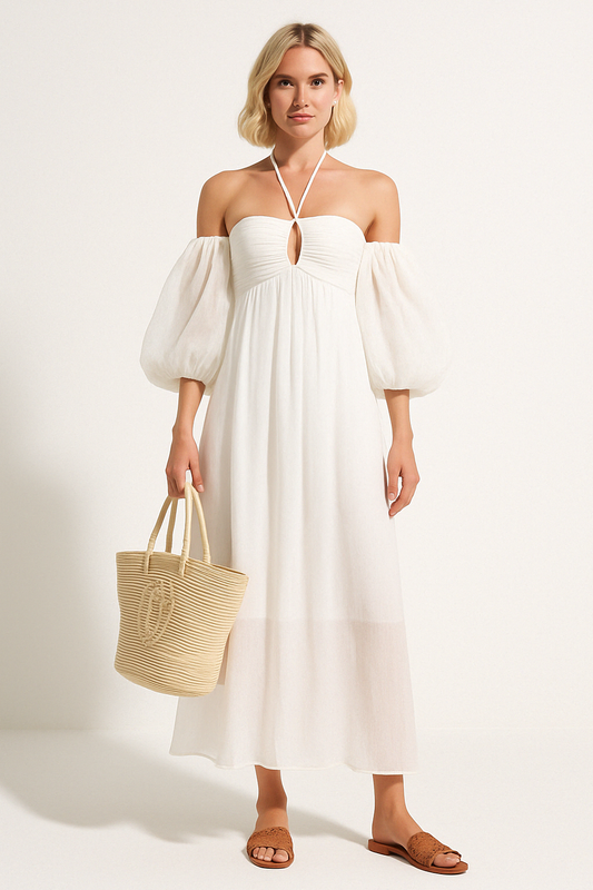 Dress for Women – Maxi Length – Off Shoulder – Puff Sleeves – Cutout – Loose Fit