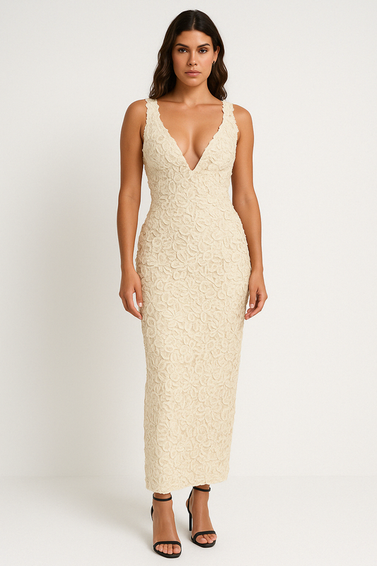 Dress for Women – Slim Fit – 3D Floral Texture – Deep Neckline – Ankle Length