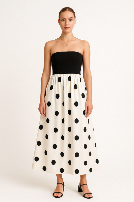 Women's Maxi Dress – Strapless Wrap Bodice – Polka Dot A-line – Light and Elegant
