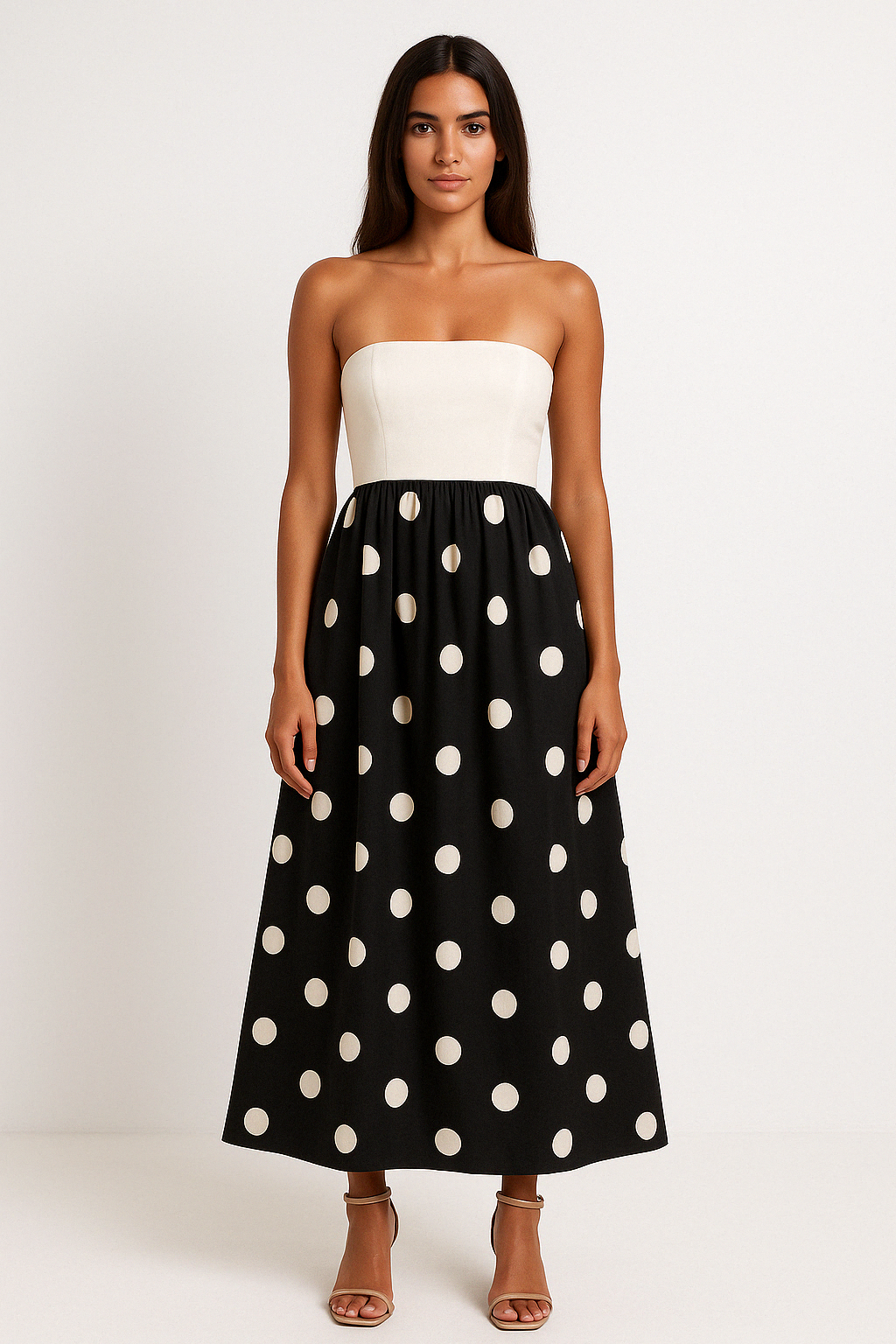 Women's Maxi Dress – Strapless Wrap Bodice – Polka Dot A-line – Light and Elegant