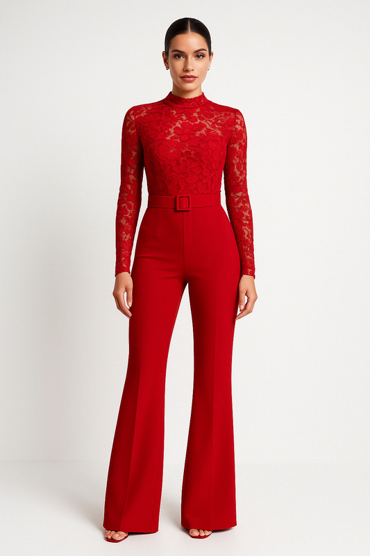 Women's jumpsuit – lace top – belt at the waist – flared legs – elegant fit