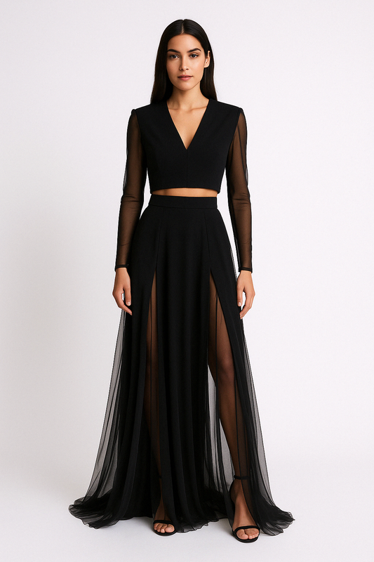 Women's Two-Piece Set – Long-Sleeve Crop Top – Floor-Length A-Line Skirt – Transparent Mesh