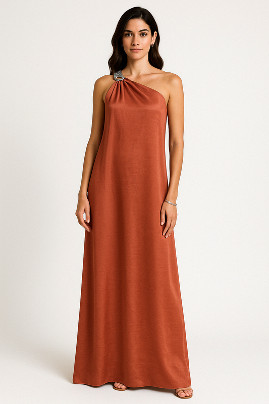Dress for Women – Long Evening Dress – Satin – One Shoulder – Loose Fit – Ring Detail