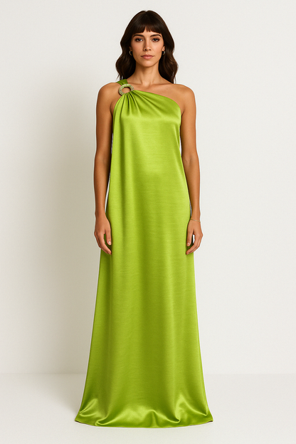 Dress for Women – Long Evening Dress – Satin – One Shoulder – Loose Fit – Ring Detail