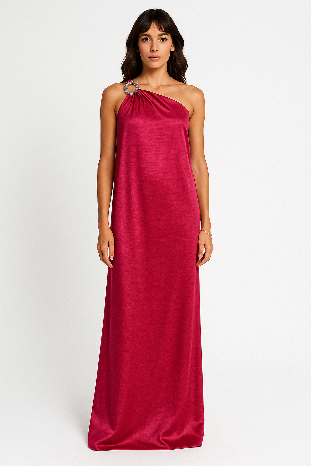 Dress for Women – Long Evening Dress – Satin – One Shoulder – Loose Fit – Ring Detail