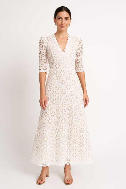 Kjole for dame – Maxilengde – A-linje – Blonder med blomster – V-utringning – 3/4-ermer