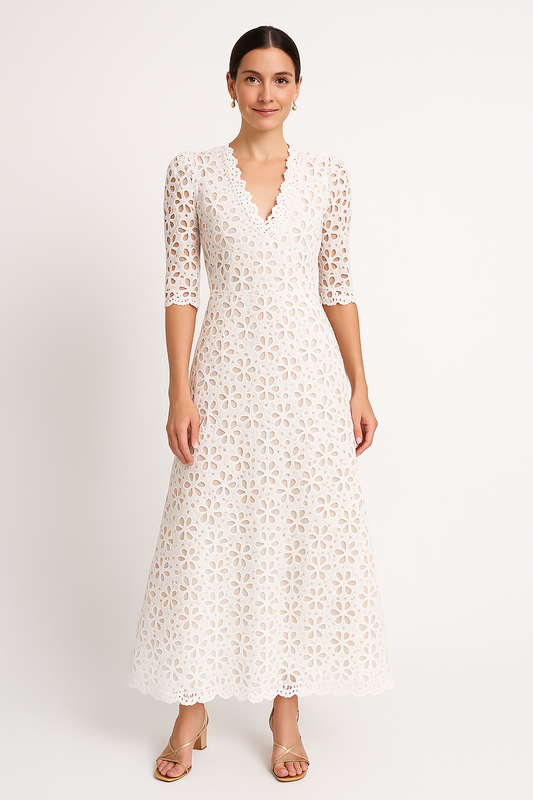 Dress for Women – Maxi Length – A-line – Floral Lace – V-neck – 3/4 Sleeves