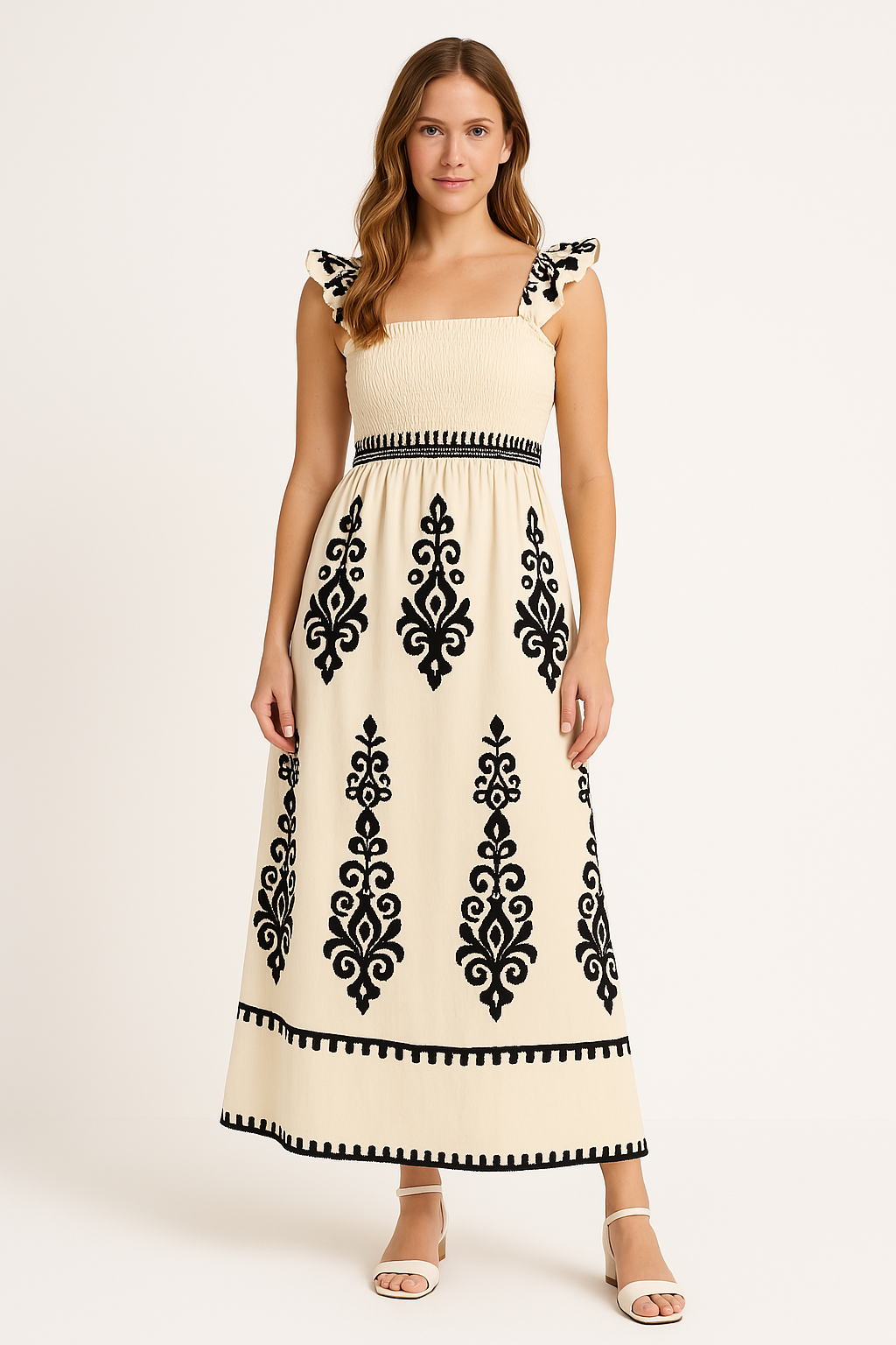Women's Maxi Dress – Cotton – Loose Fit – Bohemian Pattern – Straps with Ruffles