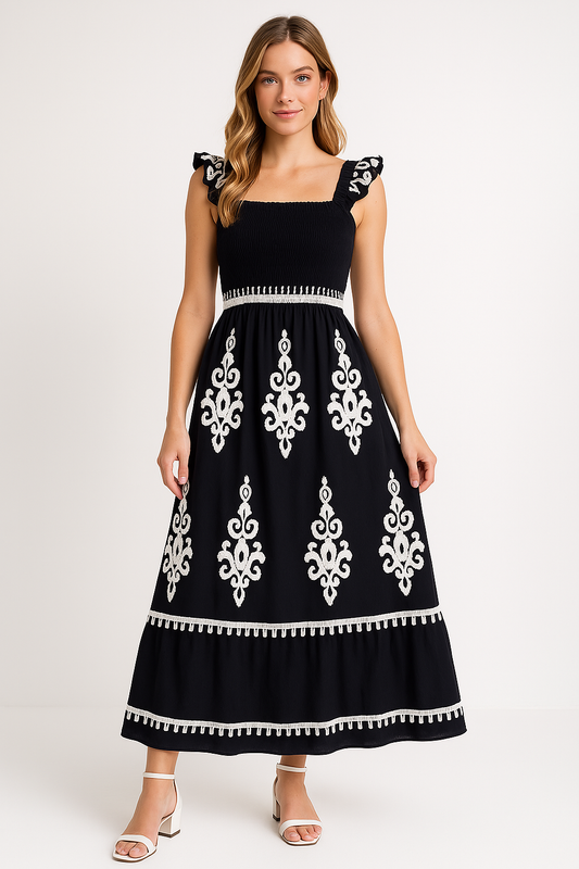Women's Maxi Dress – Cotton – Loose Fit – Bohemian Pattern – Straps with Ruffles