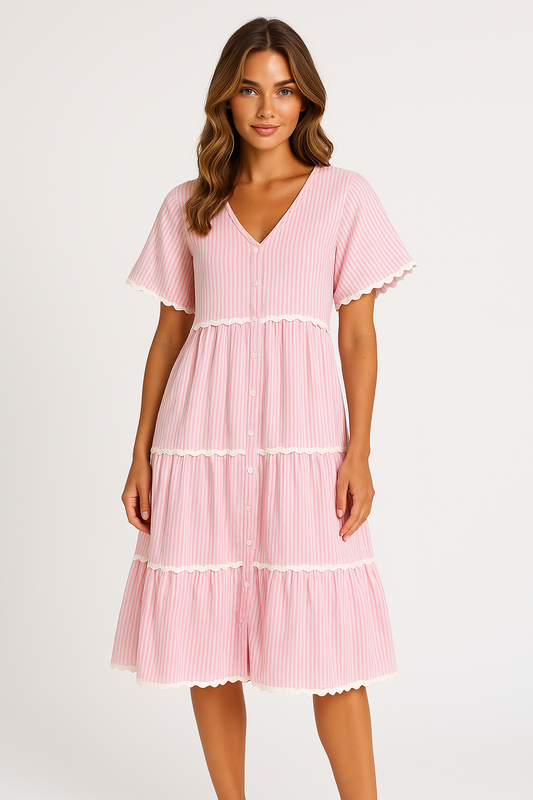 Dress for Women – V-neck – Loose Fit – Lace Trim – Knee-length with Ruffles