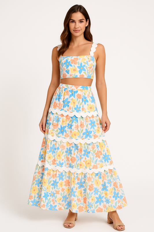 Women's Two-Piece Set – Floral Crop Top with Lace – High Waist A-Line Maxi Skirt