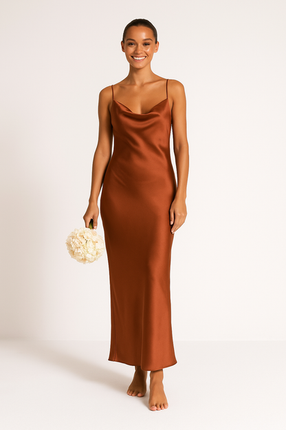 Dress woman – Satin maxi dress – Slim fit – Sleeveless with draped neckline – Formal party