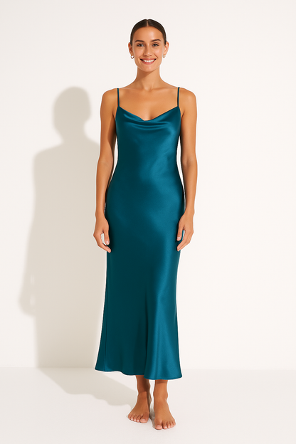 Dress woman – Satin maxi dress – Slim fit – Sleeveless with draped neckline – Formal party