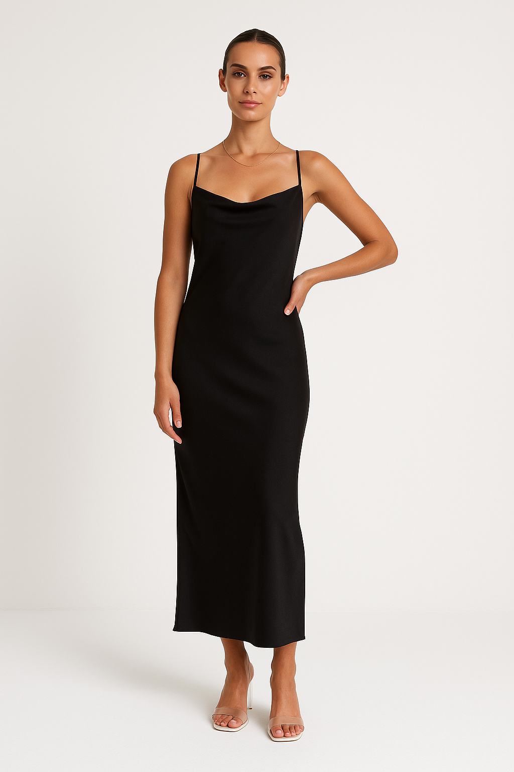 Dress woman – Satin maxi dress – Slim fit – Sleeveless with draped neckline – Formal party