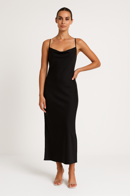 Dress woman – Satin maxi dress – Slim fit – Sleeveless with draped neckline – Formal party