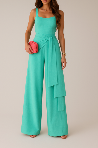 Women's Jumpsuit – Wide Leg – Sleeveless – Adjustable Waist – Linen Blend – Full Length