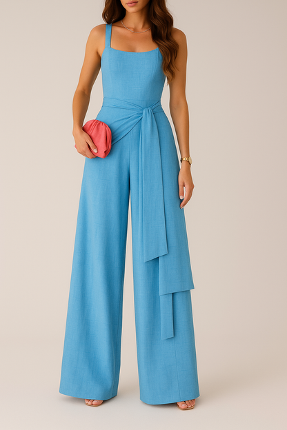 Women's Jumpsuit – Wide Leg – Sleeveless – Adjustable Waist – Linen Blend – Full Length