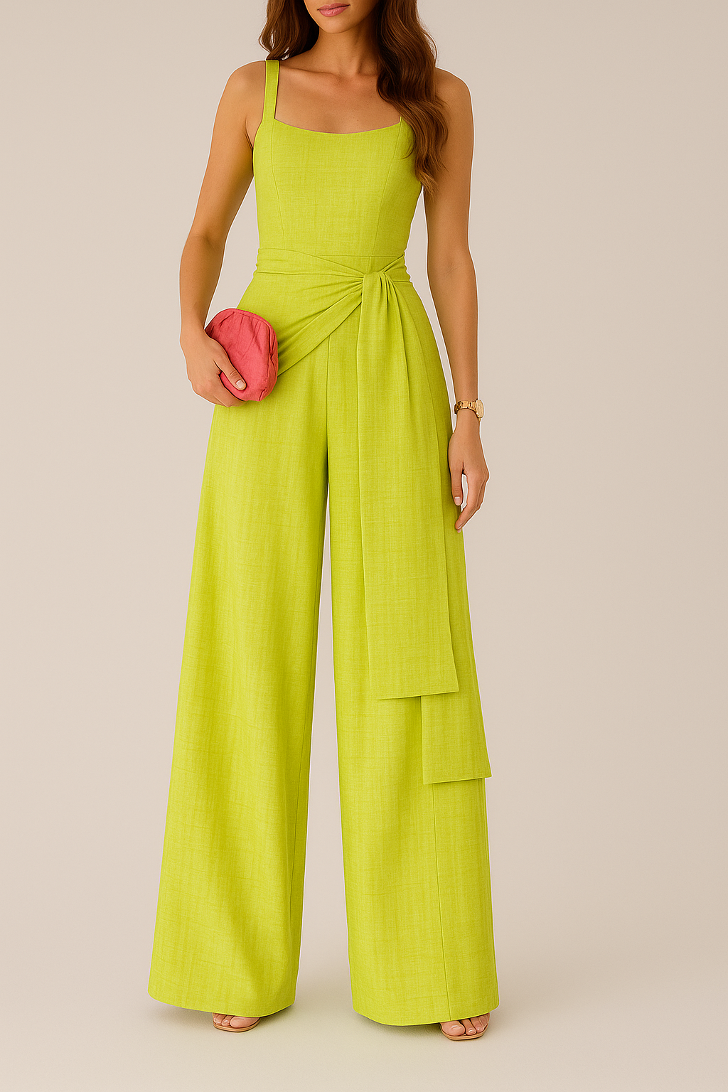 Women's Jumpsuit – Wide Leg – Sleeveless – Adjustable Waist – Linen Blend – Full Length