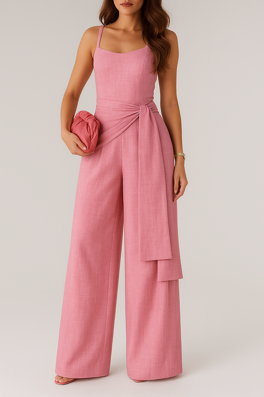 Dame Jumpsuit – Lett Linblanding – Ermeløs – Bred Bein – Justerbar Midje