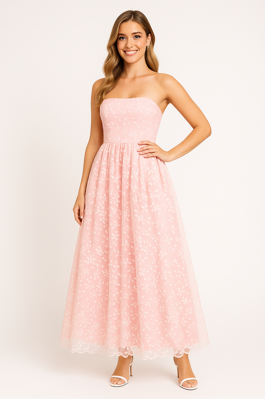 Dress for Women – Strapless Evening Dress – Lace with Embroidery – Full Length and Flared Fit