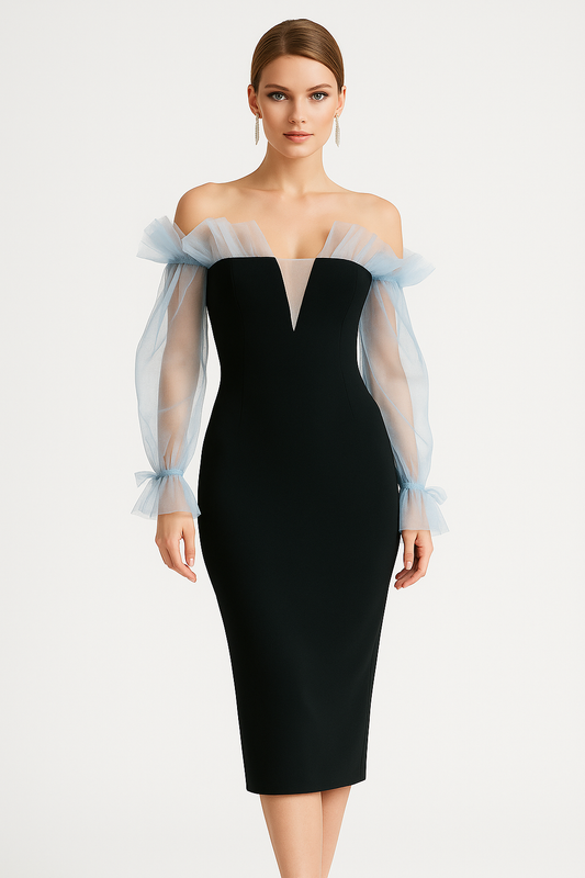 Dress for Women – Bodycon Fit – Midi Length – Off Shoulder – Ruffled Sleeves – V-Neckline