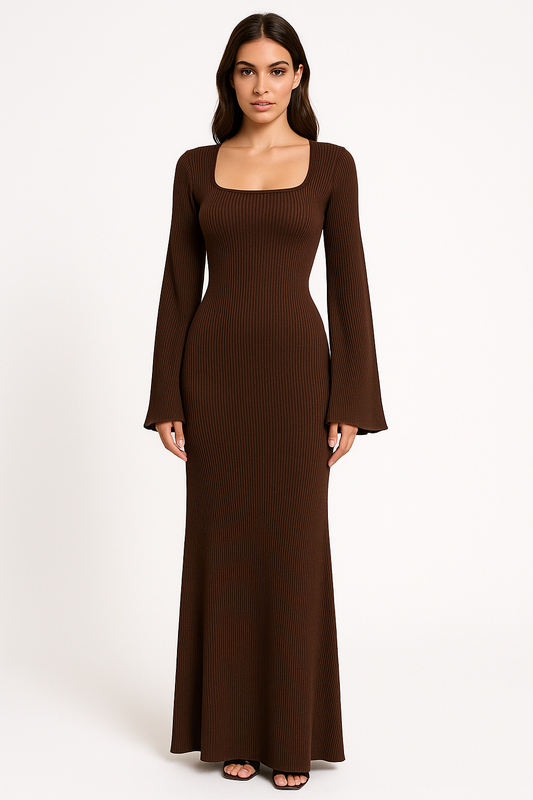 Dress for Women – Ribbed Stretch – Floor-length – Square Scoop Neck – Bell Sleeves