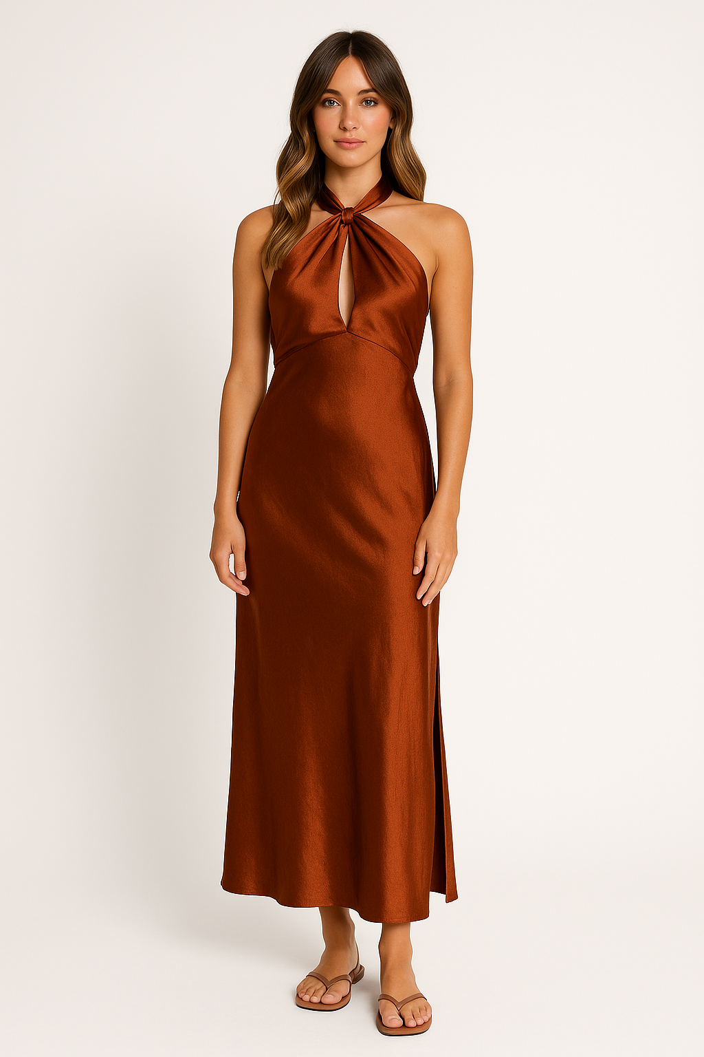 Dress for Women – Satin – Neckline – Fitted Waist – Slit – Floor-length