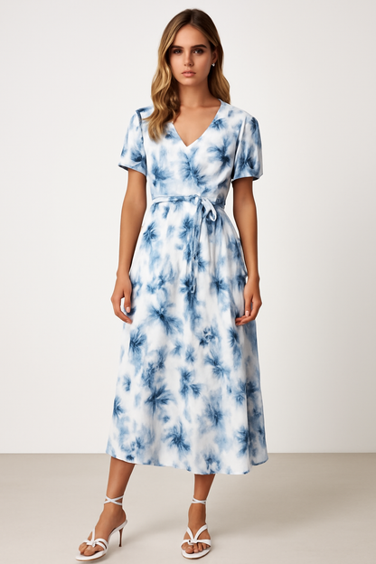 Dress for Women – Midi Length – V-Neckline – Puff Sleeves – Waistband – Light and Breathable