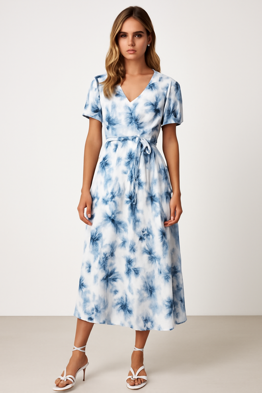 Dress for Women – Midi Length – V-Neckline – Puff Sleeves – Waistband – Light and Breathable