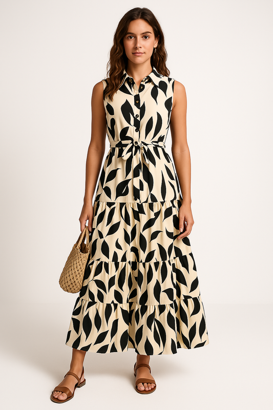 Dress women long – sleeveless shirt collar – tie belt – ruffle edge – leaf pattern