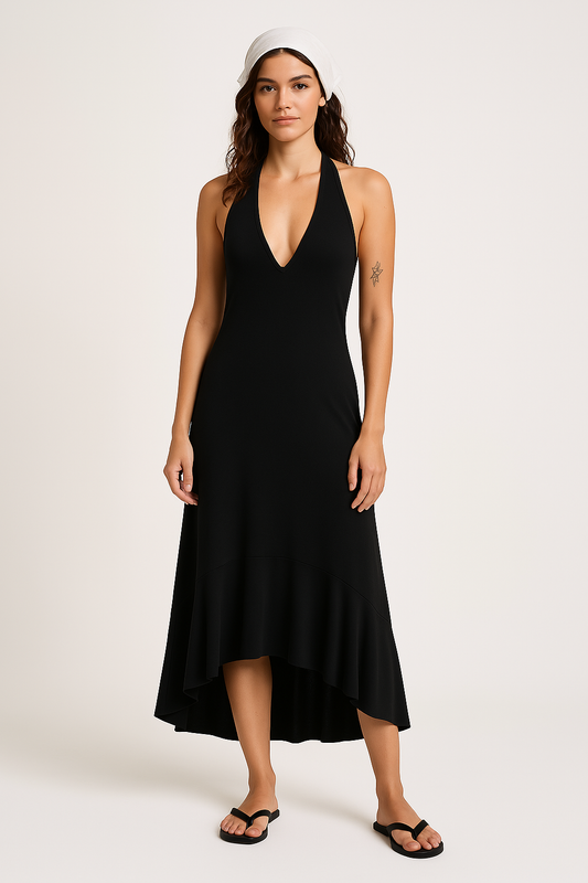 Dress woman maxi – pleated chiffon – halterneck V-neckline – light and elegant fit