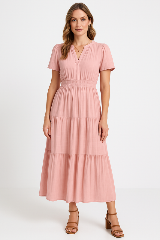 Women's Maxi Dress – V-Neck – Puff Sleeves – Light A-Line – Ruched Waist – Layered Skirt