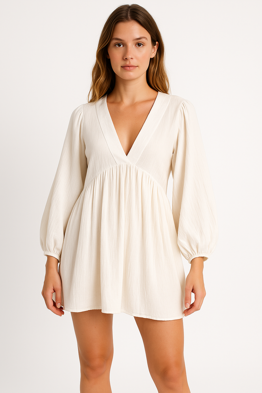 Dress woman – mini length – flowy fit – slightly transparent fabric – V-neck – long sleeves