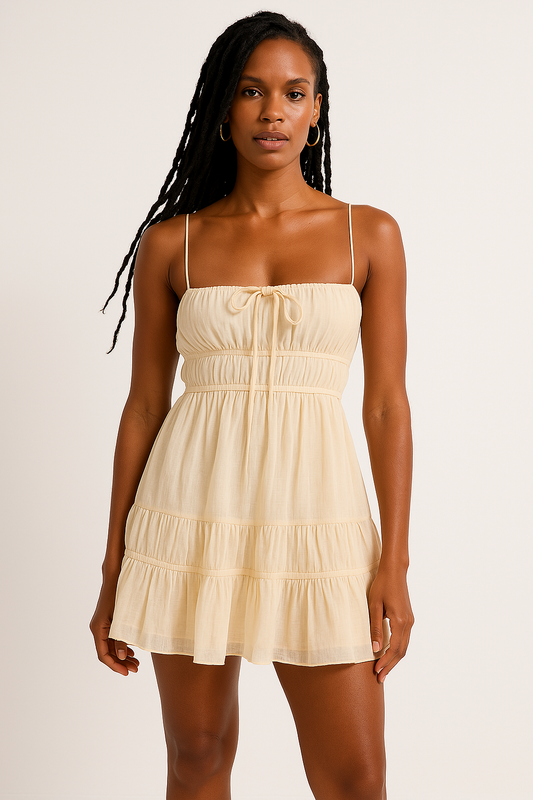 Dress woman – Mini dress – Smock bodice – Spaghetti straps – Ruffle edge – Loose fit