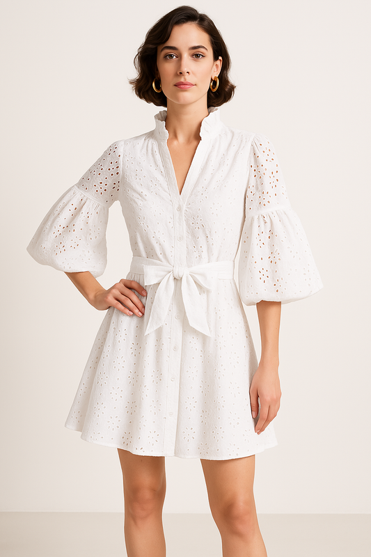 Dress for Women – A-line – 100% Cotton – Lace Embroidery – Puff Sleeves – Tie Belt