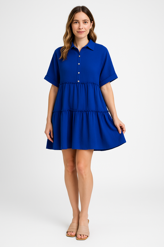 Dress for women – mini length – loose fit – cotton/linen – button closure – short-sleeved