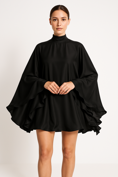 Dress for Women – Short Length – Flowing Fit – Half-High Neck – Ruffled Sleeve Design