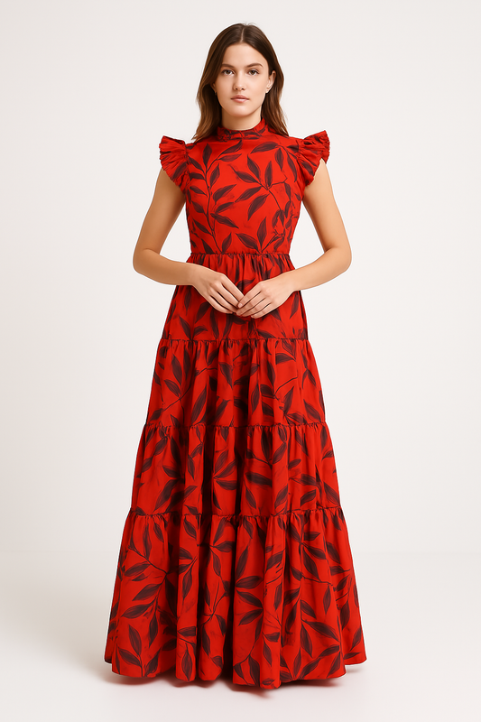 Dress woman – Maxi dress – Flared fit – Ruffled sleeves – Layered skirt – Patterned