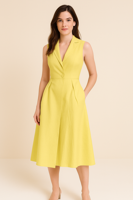 Women's Midi Dress – V-Neck – Button Front – Sleeveless – A-Line Fit – Lightweight Fabric