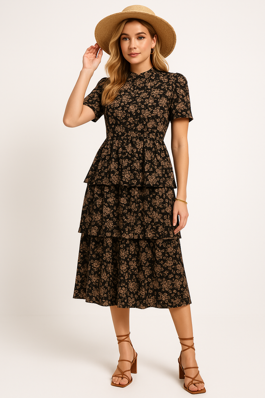 Dress for Women – Midi Length – Floral Print – Puff Sleeves – Defined Waist – Layered Skirt